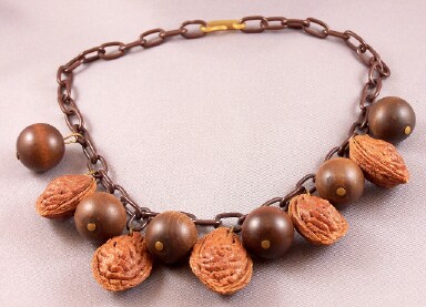 BN31 Peach pit/wood ball necklace
